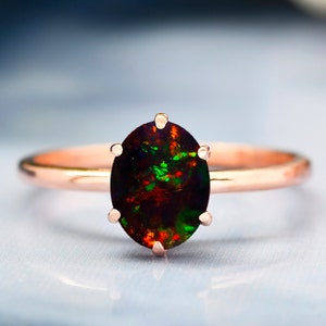 Black Opal Ring, Art Deco Bridal Ring, Opal Solitaire, Gifts For Her, Fire Opal ring, Promise Ring, Opal Ring For Women, Personalized Gift