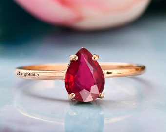 Pear Shaped Ruby Ring, Vintage Art Deco Solitaire Ring ,Red Gemstone Ring, Thin Ring, Simple Ruby Ring, Ruby Bridal Anniversary Ring