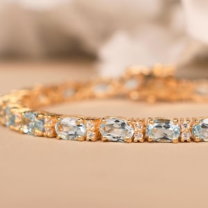 Aquamarine Bracelet for Women, Aqua Wedding Bracelet, Oval Designer Bridal Jewelry, Yellow Gold Bracelet, Aquamarine Jewelry, Promise Gifts