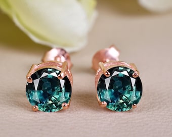 14K Gold Green Teal Sapphire Stud Earrings Round Birthstone Jewelry, Anniversary Gifts for Mother