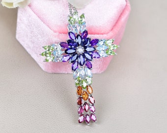 Multi Gemstone Cross Pendant Necklace, Sterling Silver