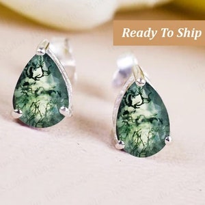Vintage Moss agate Earring ,Bridesmaid earring, Stud Earring, Tiny Studs, Solitaire earring, Anniversary Gifts For Love, Birthstone Jewelry