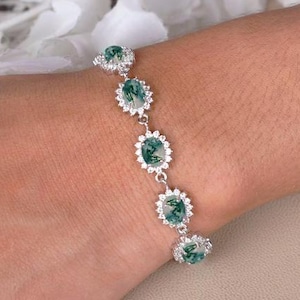 Genuine Moss Agate Wedding Linking Bracelet, Oval Halo Anniversary Gifts For Mother, Agate Chain Bracelet, Birthday Gifts, Statement Jewelry