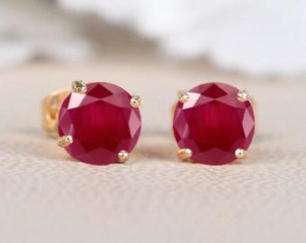 Pink Ruby Stud Earrings, 14K Yellow Gold, Bridesmaid Gifts, Natural Ruby Jewelry, Classic Everyday Earring, Gift for Wife