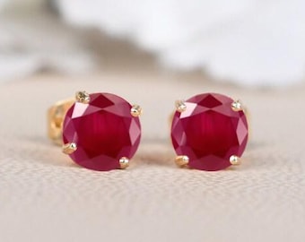 Pink Ruby Stud Earrings, 14K Yellow Gold, Bridesmaid Gifts, Natural Ruby Jewelry