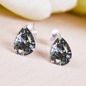Grey Moissanite Diamond Stud Earrings, Pear Cut Grey Stone Earring, Birthday Gift For Daughter,14K Rose Gold Pear Earring, Personalized Gift