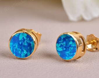 Pendientes de ópalo azul, pendientes de oro amarillo de 14 quilates con piedra de nacimiento, joyería de ópalo