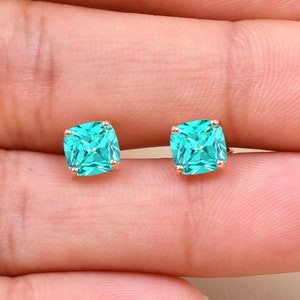 Cushion Cut Paraiba Ice Blue Tourmaline Earring, Stud Earrings, Tourmaline Cushion Stud, Everyday Dainty Earring, Rose yellow Gold Earring