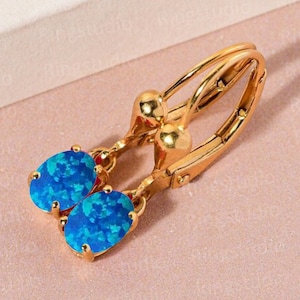 Blue Fire Opal Dangle Earring, Wedding Earring, Unique Leverback Earring, Yellow Gold Opal Earring, Blue Tiny Drop Studs, Opal Jewelry, Gift