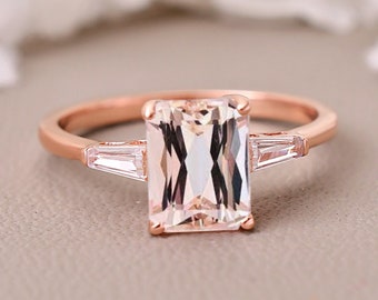 Natural Emerald Cut Peach Morganite Engagement Ring, Rose Gold Morganite Ring, Anniversary Promise Ring,Gifts For Loved Ones ,Unique Jewelry