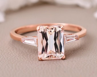 Emerald Cut Peach Morganite Ring, Rose Gold Promise Ring, Moissanite Jewelry, Gifts
