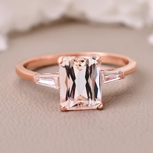 Natural Emerald Cut Peach Morganite Engagement Ring, Rose Gold Morganite Ring, Anniversary Promise Ring,Gifts For Loved Ones ,Unique Jewelry