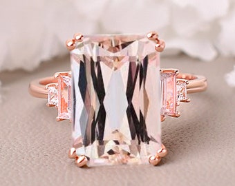 14K Emerald Cut Morganite Ring ,Bridal Promise Ring, Rose Gold Wedding Ring, Natural Morganite ,Anniversary Birthday Gifts, Birthstone Ring