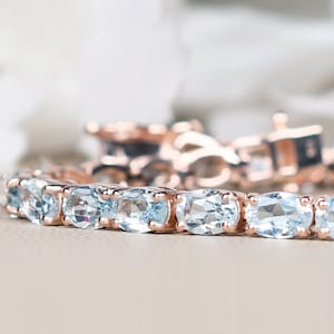 Aquamarine Tennis Bracelet, Oval Bridal Bracelet, Promise Gifts, Aquamarine Chain Bracelet, Birthstone Jewelry, Gifts For Mother Daughter