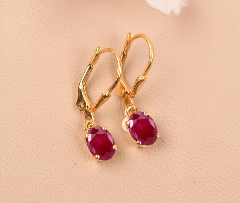 14K Yellow Gold Ruby Dangle Earrings, Leverback Bridal Wedding Jewelry, Gifts For Love image 4