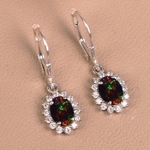 Unique Black Opal Leverback Earring, Opal Drop & Dangle Earring, Black Fire Opal Gemstone Earring, Oval Cut Earring, Birthday Gifts for Love