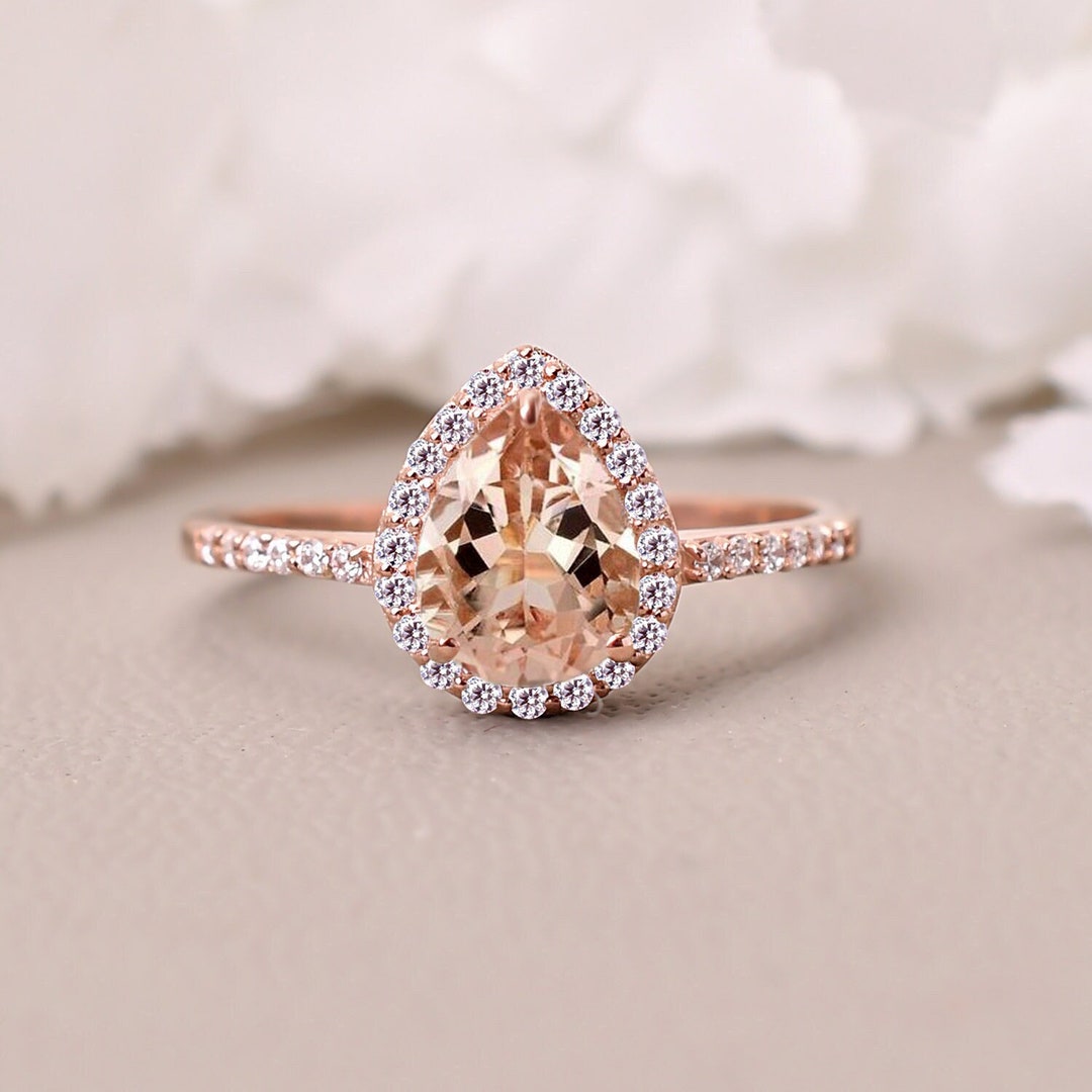 14K Rose Gold Pear Morganite Engagement Ring, Diamond Halo - Etsy