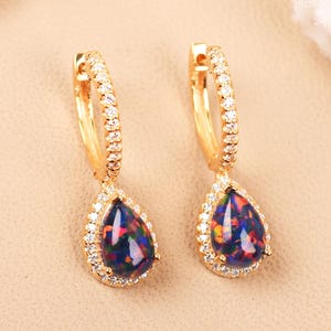 Pear cut Black Opal Leverback Halo Earring, Drop & Dangle Earring, Wedding Anniversary Gift for Special One, Statement Jewelry, Opal Earring
