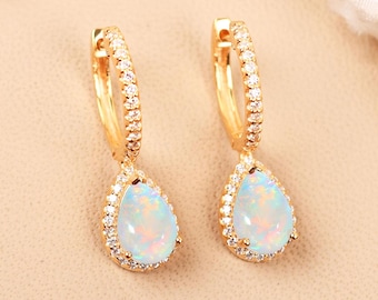 White Opal Art Deco Leverback Earrings, Diamond Halo, Teardrop Dangle