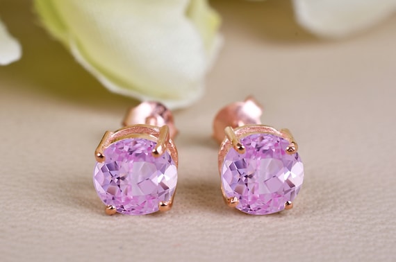 14K Rose Gold Pink Sapphire Stud Earrings, Bridal Jewelry, Anniversary Gifts For Her