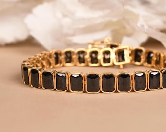 Unique Black Onyx Bridal Wedding Bracelet, Yellow Gold Octagon - Main Image