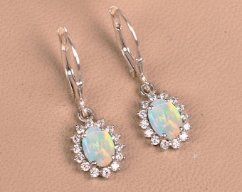 Natural Ethiopian Opal Halo Earrings, White Gold Leverback, Opal Bridal Jewelry, October Birthstone Earring, Gifts For Her