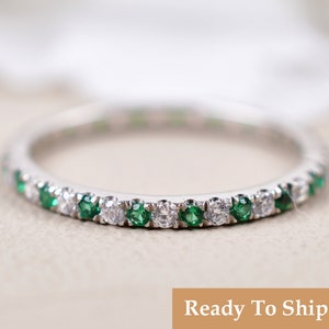 14K Emerald & Diamond Full Eternity Band, Vintage Art Deco Band, Engagement Wedding Matching Promise Band, Dainty Emerald Band Ring, Jewelry