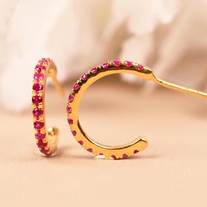 Könnte beinhalten: Ein Paar goldfarbene Creolen, jeweils besetzt mit kleinen, leuchtend roten Edelsteinen. Die Ohrringe sind vor einem weichen, neutralen Hintergrund platziert, der ihre Farbe und ihr Design hervorhebt.