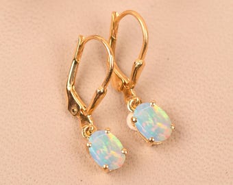 Natural Opal Leverback Earrings, 14K Yellow Gold, Oval Gemstone Wedding Jewelry, Ethiopian Opal Earrings, Gifts for Her