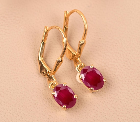 14K Yellow Gold Ruby Dangle Earrings, Leverback Bridal Wedding Jewelry, Gifts For Love