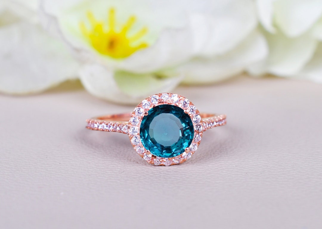 Ocean Blue Sapphire Round Halo Ring, Engagement Ring, Rose Gold Wedding ...