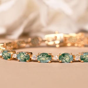 Natural Moss Agate & Moissanite Tennis Bracelets, Women&#39;s Wedding Bracelet, Green Agate bracelets, Promise Gift For Her, Stackable Bracelet