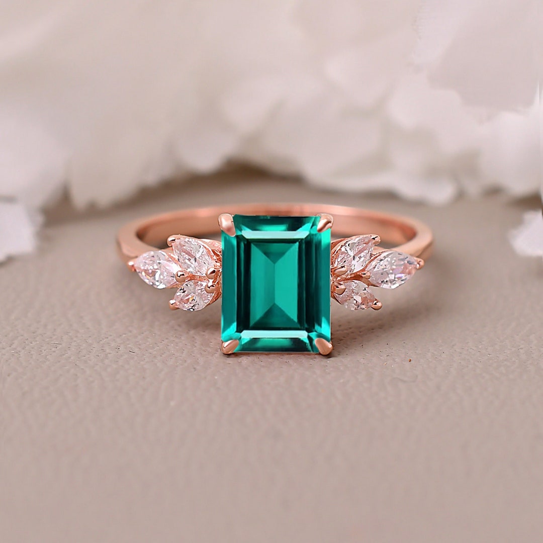 Unique Emerald Cut Engagement Rings, Emerald Ring, Rose Gold Ring for