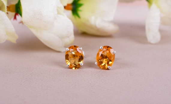 Boucles D'oreilles En Argent 925 Avec Citrine Naturelle – Forme Ovale 8x6 Mm, Dormeuses