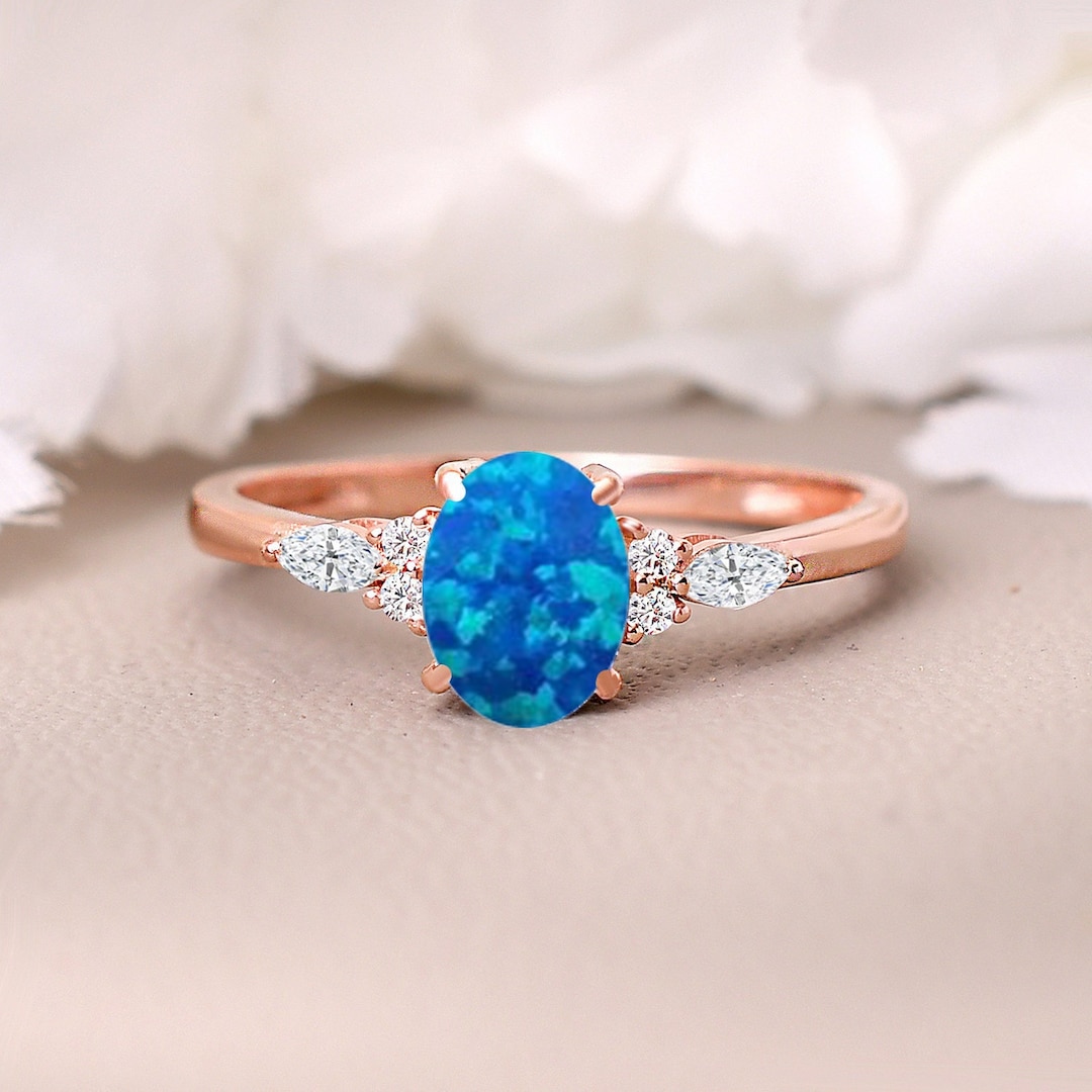 Blue Opal Engagement Ring Blue Gemstone Ring Opal Wedding Etsy