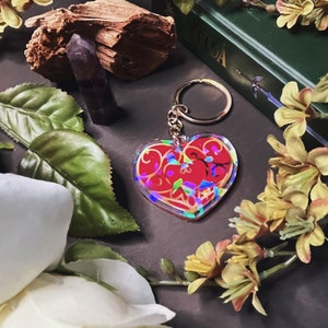 Zelda Heart Container Double-sided Broken Glass Holographic Keychain with Golden Keyring