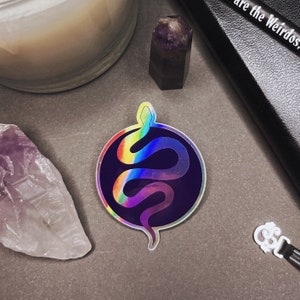May include: A rainbow iridescent sticker of a snake curled up inside a black circle. The sticker is on a gray surface.