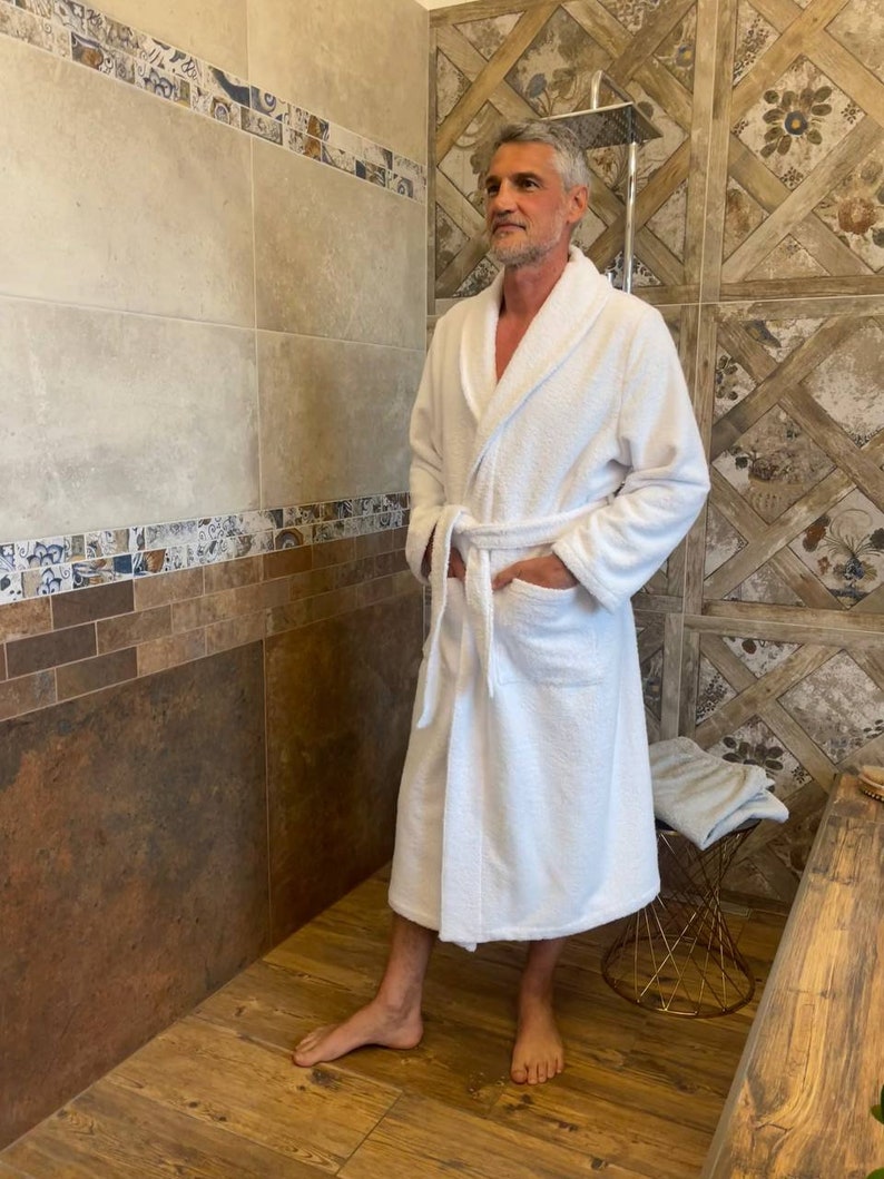 White Terry Cotton Bathrobe for Men, Long After Shower Mens Robe, Spa