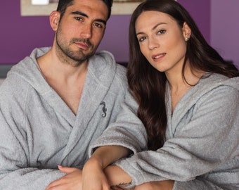 Set of 2 matching terrycloth robes, Gray cotton robe with hood for couples, Two luxury Italian terry bathrobes, Wedding anniversary gift