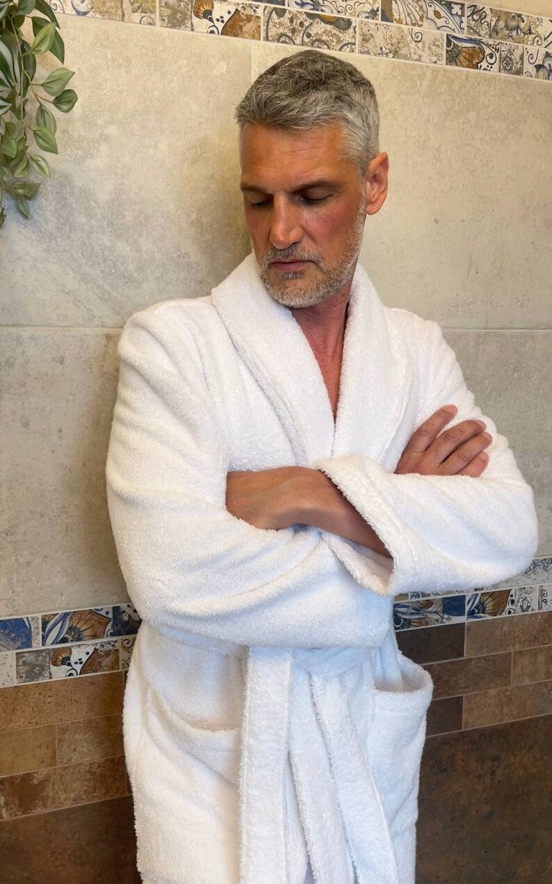 White Terry Cotton Bathrobe for Men, Long After Shower Mens Robe, Spa