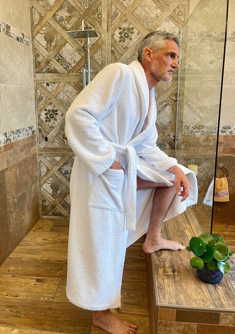 White Terry Cotton Bathrobe for Men, Long After Shower Mens Robe, Spa