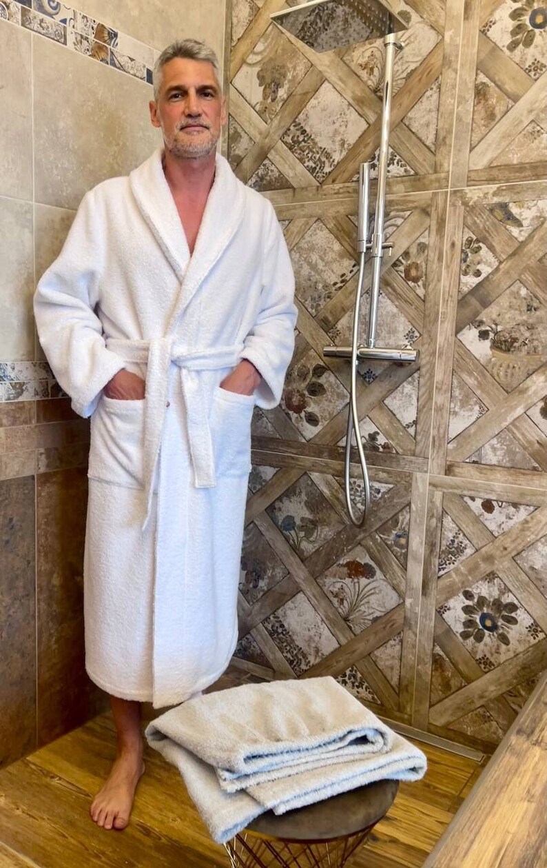 White Terry Cotton Bathrobe for Men, Long After Shower Mens Robe, Spa