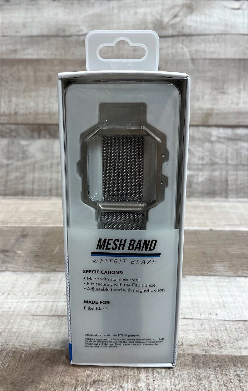 May include: Silver mesh watch band for the Fitbit Blaze. The band is made of stainless steel and has a magnetic clasp.