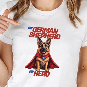 Koszulka z superbohaterem owczarka niemieckiego, koszulka dla miłośników psów, koszulka unisex owczarka alzackiego, prezent dla właściciela zwierzaka, mój owczarek niemiecki, koszulka z bohaterem komiksu, pomysł na tatę i mamę