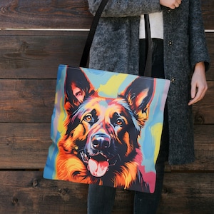 German Shepherd Tote Bag Colorful Print Design German Shepherd Tote for Dog Mom Shopping Bag Alsatian Art Beach Shoulder Bag for Dog Moms