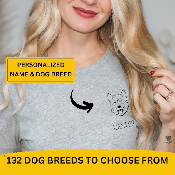 Pet Face Outline T-Shirt with Personalised Dog's Name Pet Portrait Shirt with Line Art Drawing of Dog Breeds Face for Pet Owner Tee Gift