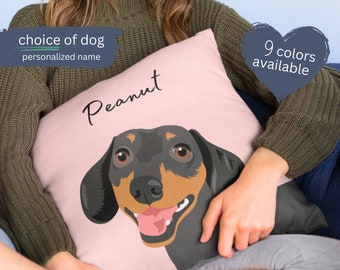 May include: A pink throw pillow with a black and brown dachshund illustration and the name "Peanut" written in black cursive. The pillow is being held by a person wearing a green sweater.
