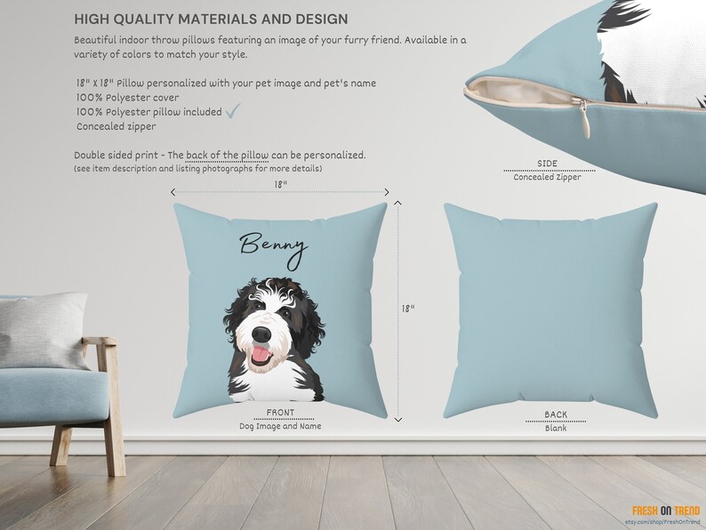 Measuring 18 inches by 18 inches, this pillow comes with a hidden zipper for a clean look and is available in multiple colors or a custom color of your choice.