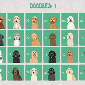 May include: A chart of 24 different doodle dog illustrations. Each dog is in a square with a white outline and a green background. The dogs are all different colors and breeds. The chart is titled "Doodle 1".