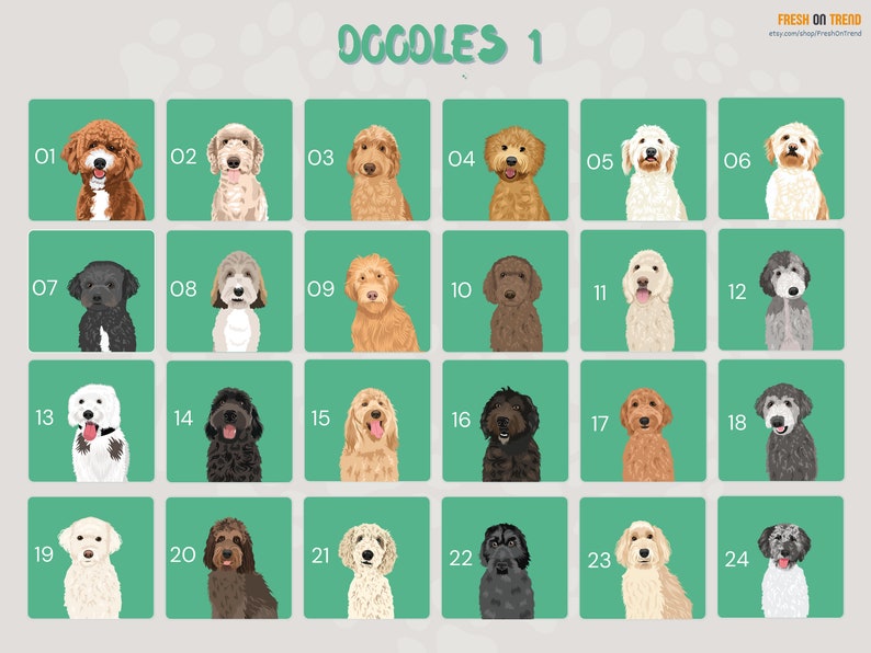 May include: A chart of 24 different doodle dog illustrations. Each dog is in a square with a white outline and a green background. The dogs are all different colors and breeds. The chart is titled "Doodle 1".